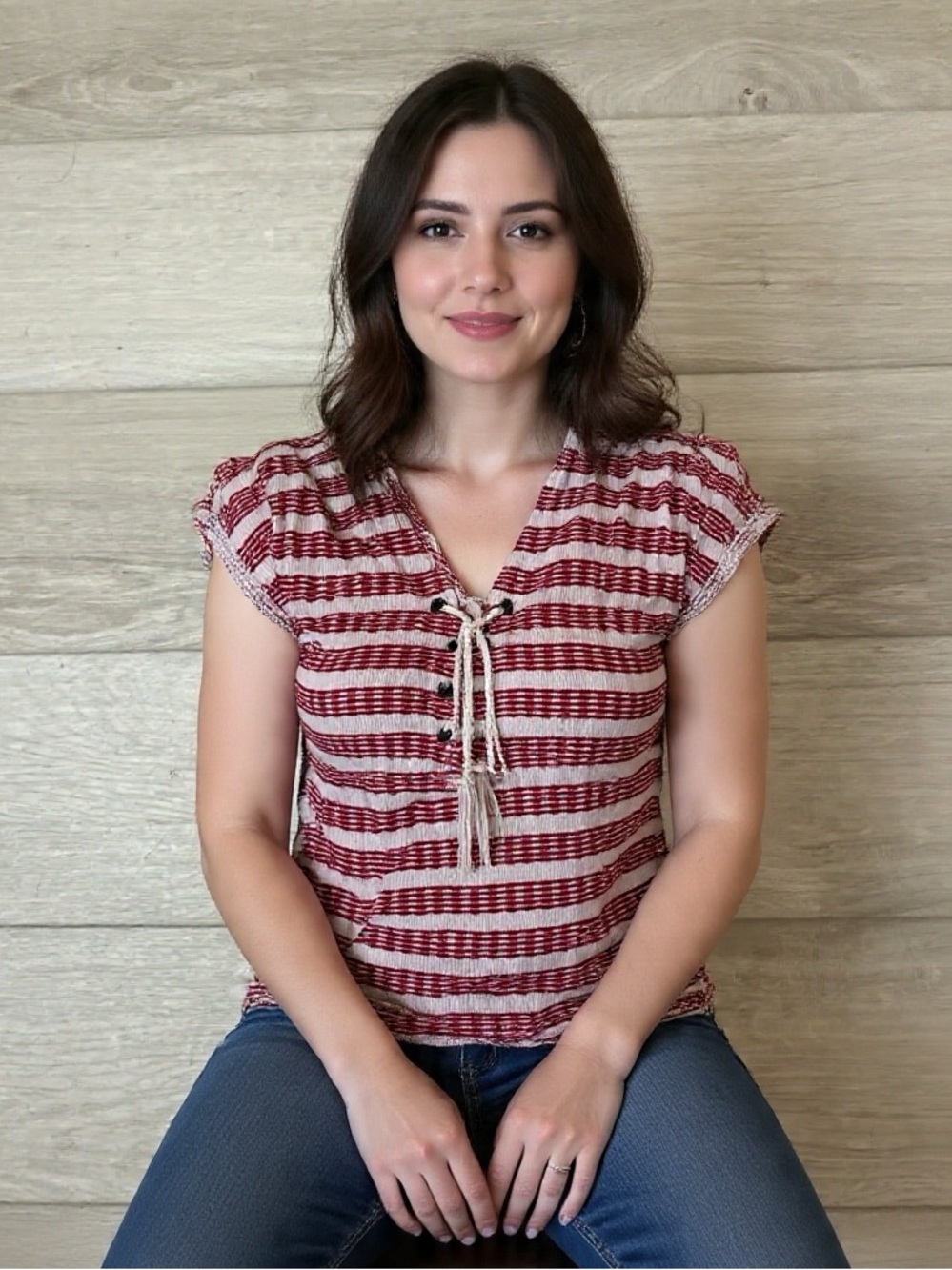 Striped Tie-Front Flutter Sleeve Top - Red and Cream